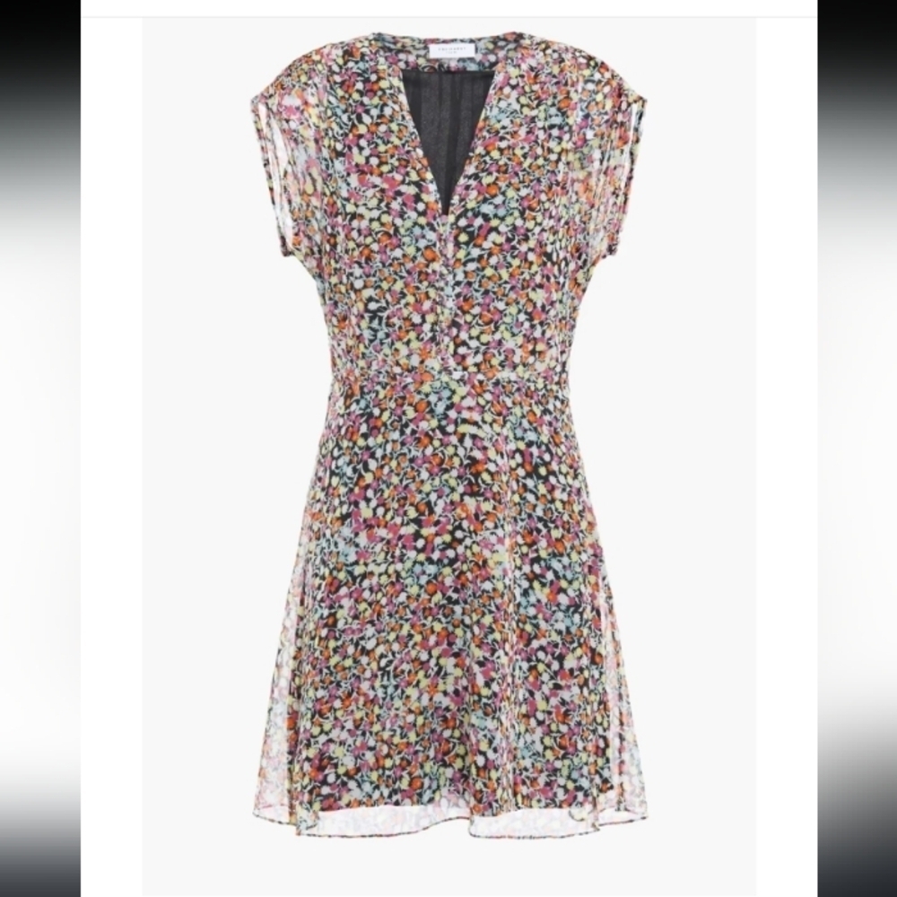 Equipment Silk Georgette Sheer Floral Overlay Lined Bohemian Flowy V Neck Dress